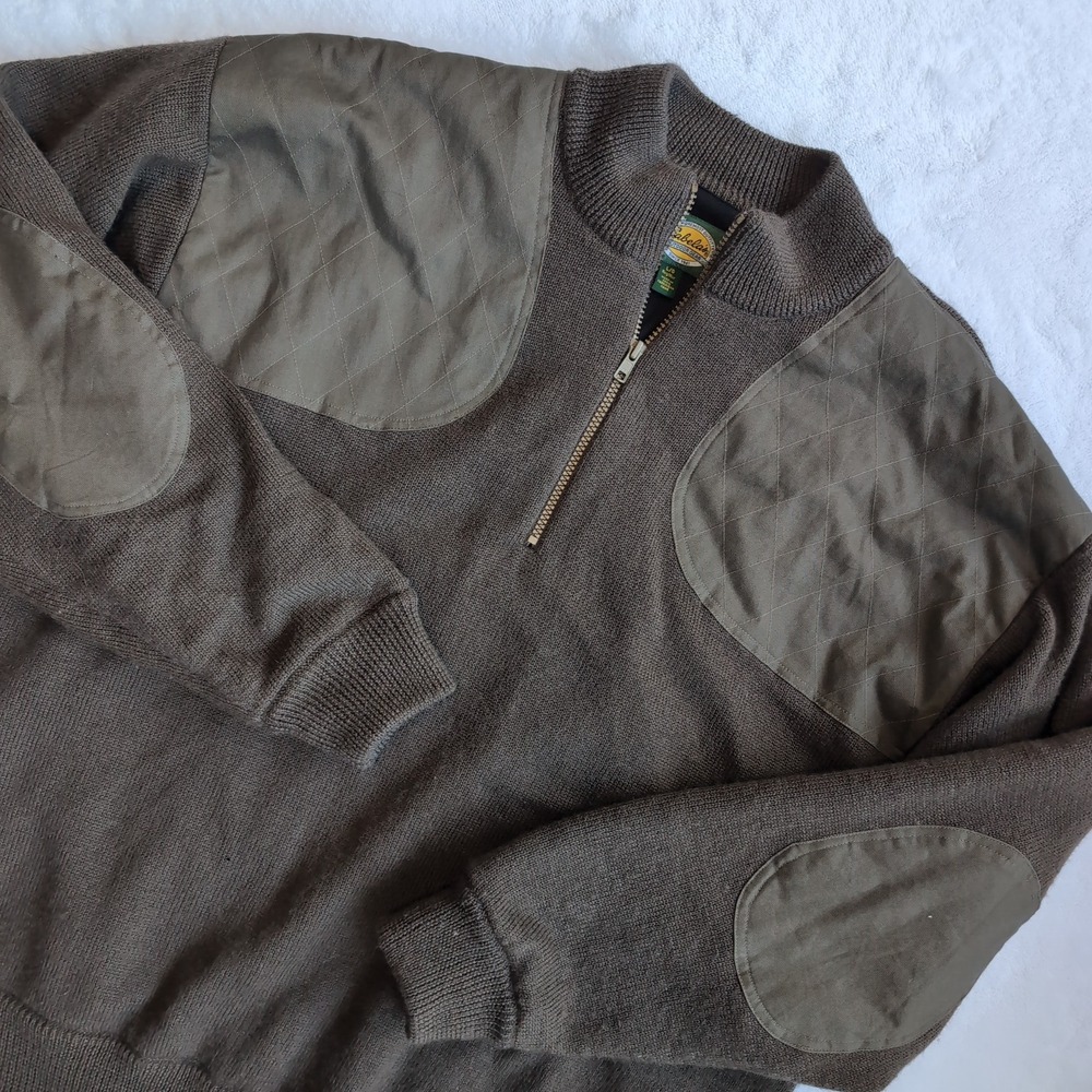 Cabelas Sweater Mens Large Brown Wool WindShear 1/4 Zip Hunting Shooting Patch